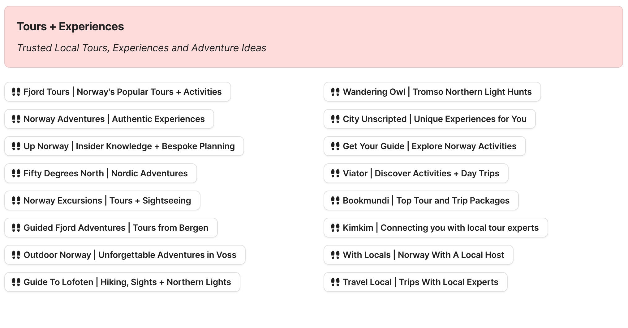 Tours + Experiences in Norway Preview of tours and experiences in Norway section in Norway Travel Research by Feral Travel
