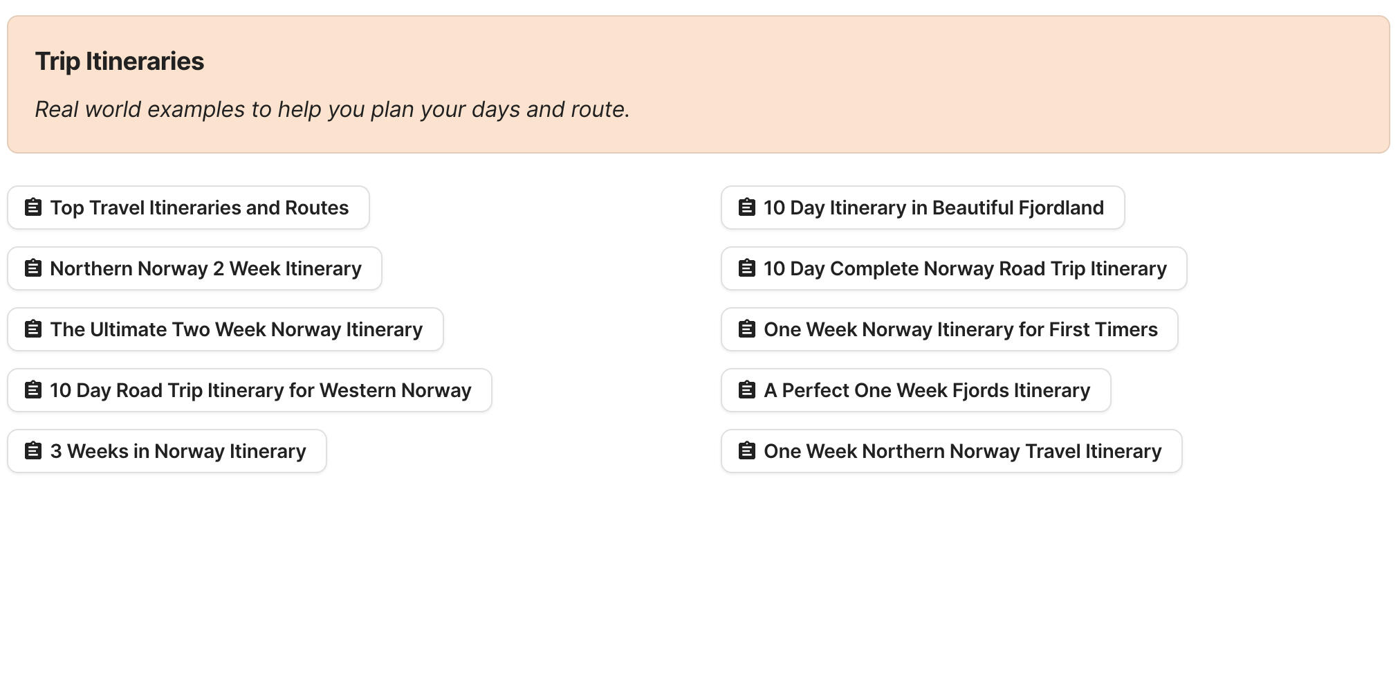 Norway Trip Itineraries Preview of Norway Trip Itineraries section in Norway Travel Research by Feral Travel