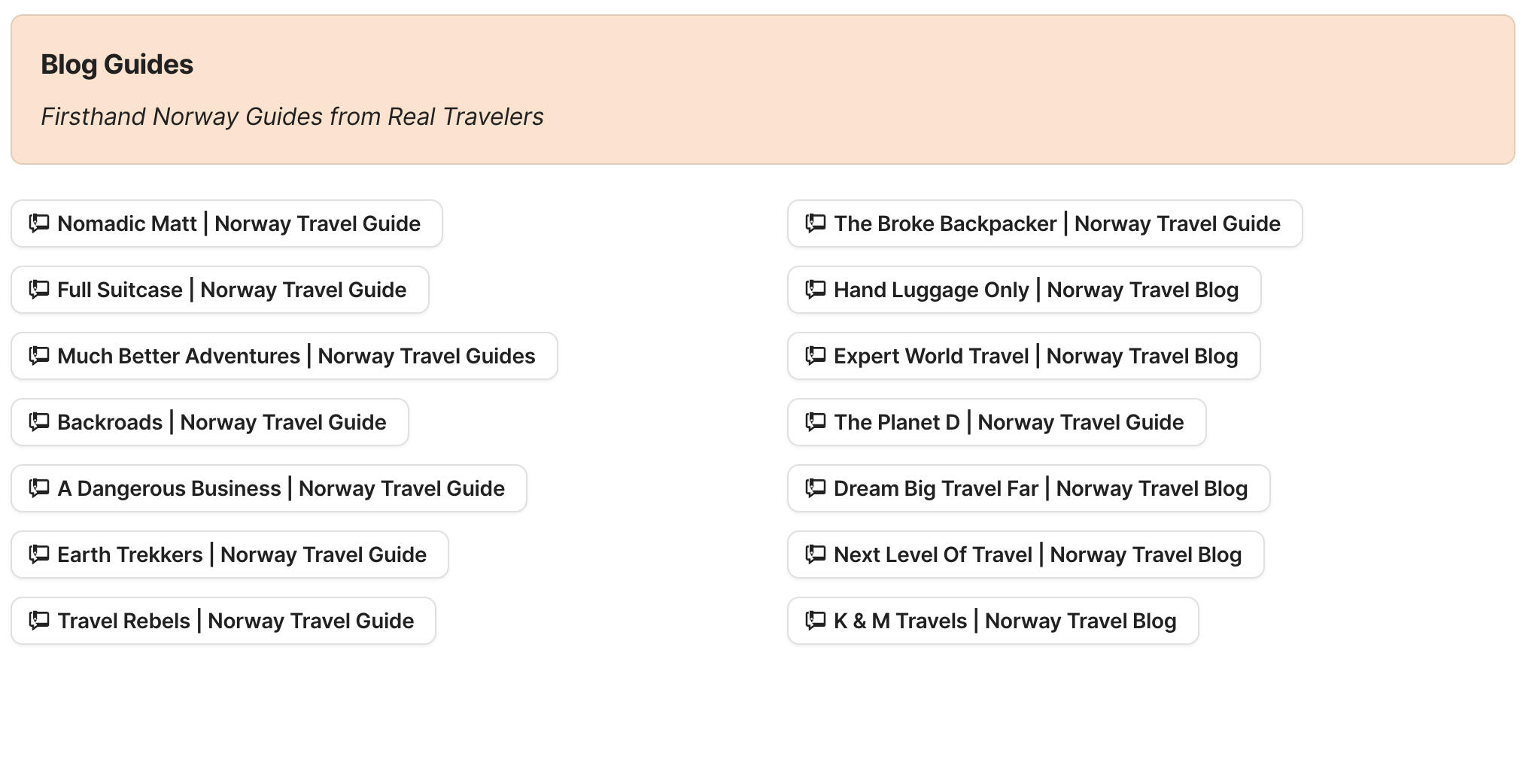 Blog Guides Preview of blog guides section in Norway Travel Research by Feral Travel