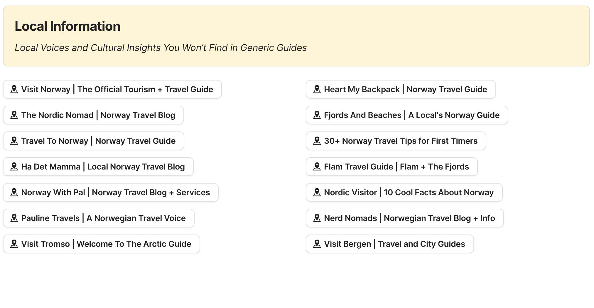 Local Information Preview of local information section in Norway Travel Research by Feral Travel